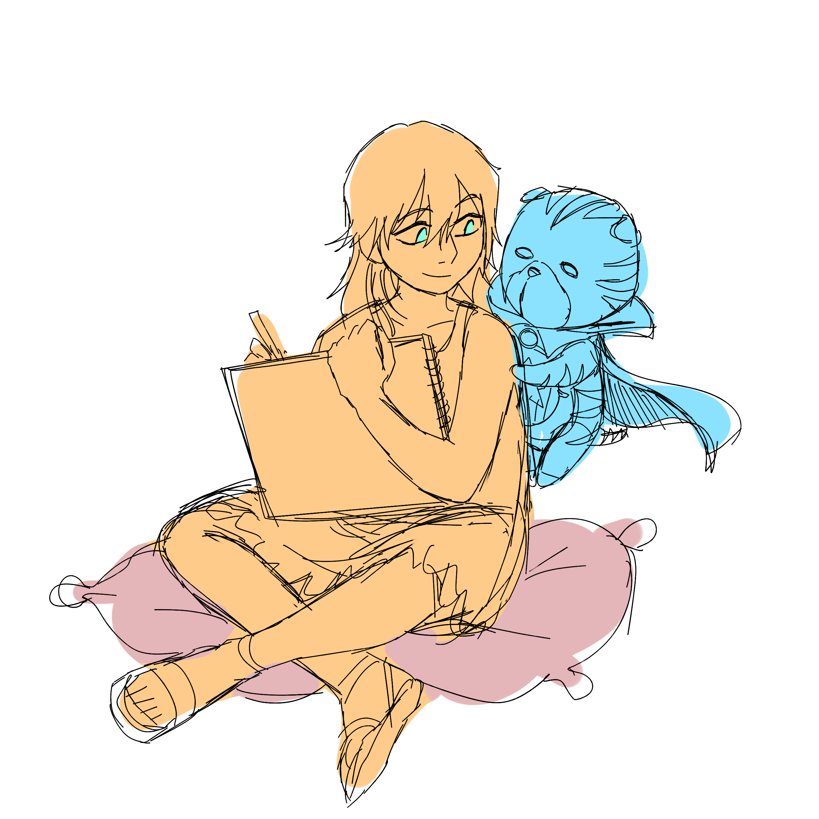 Line sketch of Kingdom Hearts Namine sits on pillow holding a sketchbook and Chirithy holds her shoulder